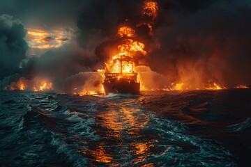 A dramatic image capturing catastrophic explosion engulfing a large ship at sea, surrounded by waves