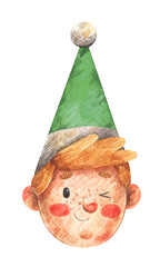 Christmas elf in green hat. Watercolor illustration. New Year and Christmas hand-drawn greeting card.