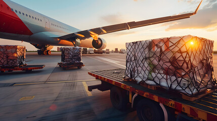 boxes of goods are loaded onto transport planes, international freight transport