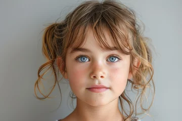 Fotobehang Young child with intriguing blue eyes and whimsical pigtails in a pensive pose, giving a studious look © Larisa AI