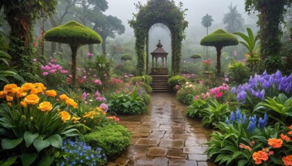 Fototapeta na wymiar A serene garden path lined with vibrant flowers and topiaries leads to an ornate gate, shrouded in a gentle mist, evoking a sense of enchantment and tranquility.. AI Generation