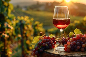 Sun-kissed vineyard landscape with a clear wine glass of red wine perched on a wooden surface, demonstrating the origin and taste of wine - Powered by Adobe