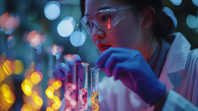 In biotechnology research, scientists pipet samples into vials for analysis in the laboratory, close-up of hands