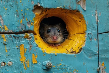 A curious mouse peeks through a round yellow hole in a textured blue wall, making a surprising and cute appearance