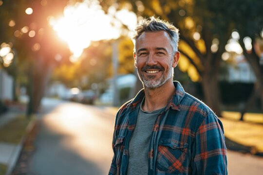 Handsome middle-aged man smiling and looking at camera in a park. - Powered by Adobe