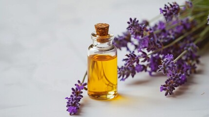A clear bottle of essential lavender oil next to fresh lavender blooms on a pristine white surface.