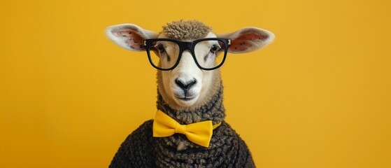 A comical sheep wearing oversized glasses and a yellow bow tie against a bright yellow background