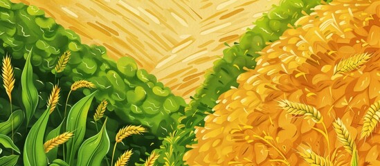 Naklejka premium Scenic artwork depicting a lush field of green grass next to a golden field of wheat