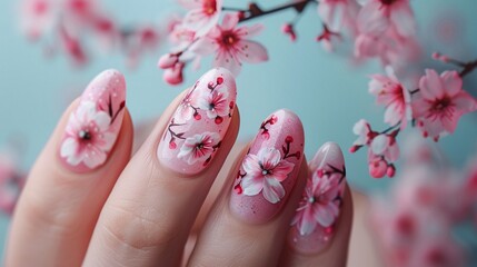 A hand with fingernails artfully painted with cherry blossom designs