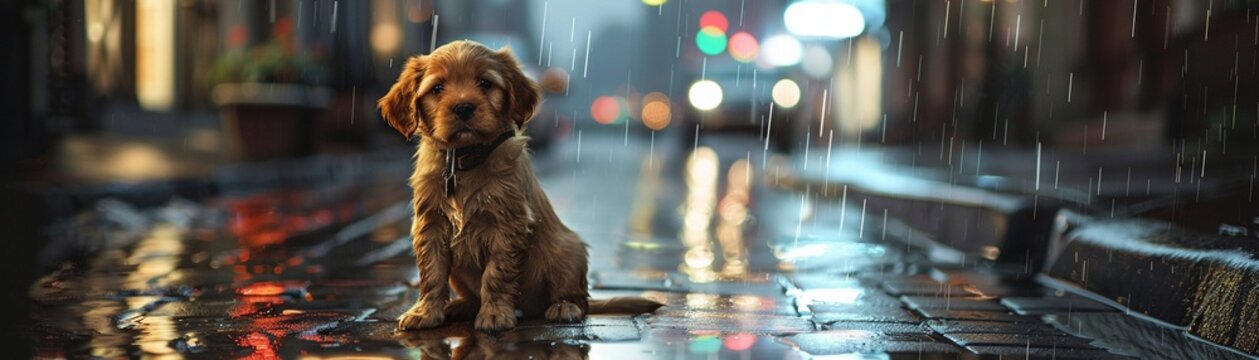 A forlorn wet puppy sitting on a rain-soaked street