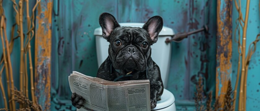 A humorous scene with a black French bulldog sitting on a toilet reading a newspaper