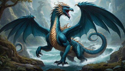 A mythical blue dragon coils elegantly around misty waterfalls, its scales shimmering with power in an ancient, lush green forest realm.. AI Generation