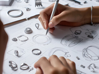 Jeweller sketching elegant ring on paper at a wooden table - obrazy, fototapety, plakaty