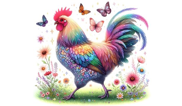 Beautiful chickens in the grass and butterflies