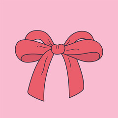 Cute ribbon bow clipart. Coquette and balletcore girly decoration. Hand drawn silk tape accessory. Vintage fashion element in red color. Vector illustration