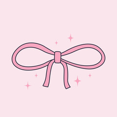 Cute ribbon bow clipart. Coquette and balletcore girly decoration. Hand drawn silk tape accessory. Vintage fashion element in pastel pink color. Vector illustration