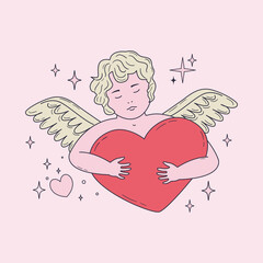 Hand drawn cherub baby holding a big heart. Cute angel in vintage style. Valentine day concept. Outline drawing of cupid for card, sticker, tattoo design
