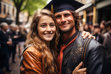 Fototapeta premium Emotional moments when graduates hug their loved ones after the ceremony.
