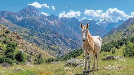 Mule Stalwartly Patrolling Mountain Pass, Ethereal Lighting Enhancing Its Watchful Stance. - obrazy, fototapety, plakaty