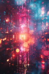 Fototapeta premium A photorealistic glitch artwork showcasing an anamorphic lens distortion and a surreal blend of digital and real elements, complete with lens flare