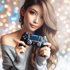 Beautiful woman holds a game controller in her hand