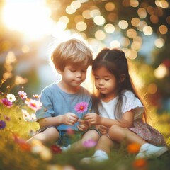 Two children are playing outside in a garden