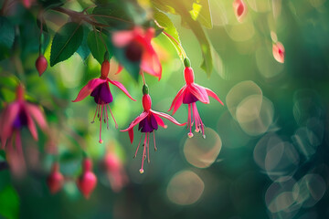 The distinctive pendulous blooms of a fuchsia plant - Generative AI - obrazy, fototapety, plakaty