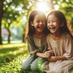 Two children are playing outside in a garden