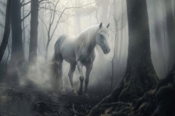 Obraz na płótnie Canvas White horse emerging from a misty forest - Generative AI