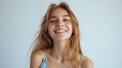A happy teenage girl exuding joy and confidence while standing against a solid white background. - obrazy, fototapety, plakaty