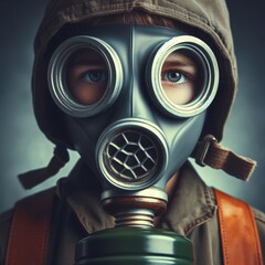 Close-up of a child wearing a gas mask