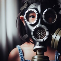 Close-up of a child wearing a gas mask