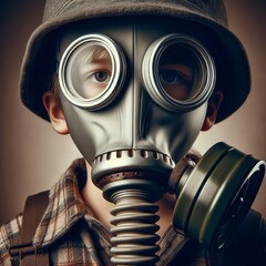 Close-up of a child wearing a gas mask