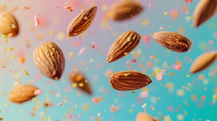 Almonds flying chaotically in the air, bright saturated background, spotty colors, professional food photo