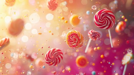 Candy lollipops flying chaotically in the air, bright saturated background, spotty colors, professional food photo - obrazy, fototapety, plakaty