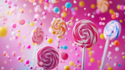 Candy lollipops flying chaotically in the air, bright saturated background, spotty colors, professional food photo - obrazy, fototapety, plakaty