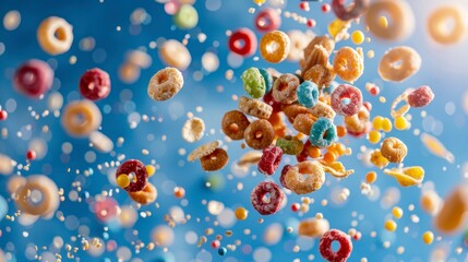 Cereals flying chaotically in the air, bright saturated background, spotty colors, professional food photo