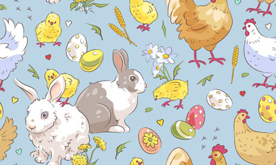 Seamless pattern with happy easter elements on blue background. Vector illustration of easter bunny, chicken, hen, rooster and flowers. Textile, wallpaper, wrap design template