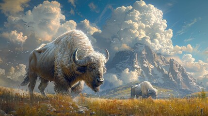 Young Buffalo Playfully Butting Heads and Running Around in Grassy Meadow. - obrazy, fototapety, plakaty