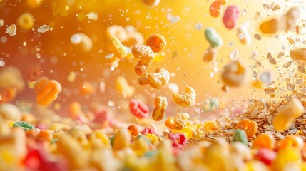 Cereals flying chaotically in the air, bright saturated background, spotty colors, professional food photo - obrazy, fototapety, plakaty