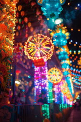 A lively festival atmosphere with fireworks, joyful expressions, and colorful lights illuminating the scene.