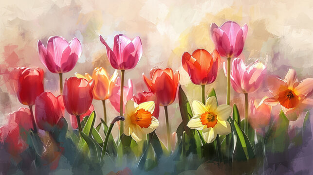 Beautiful watercolor painting of vibrant tulips and daffodils, showcasing the beauty of spring.
