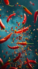 Chili Peppers flying chaotically in the air, bright saturated background, spotty colors, professional food photo - obrazy, fototapety, plakaty