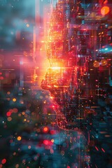 Fototapeta premium Futuristic scene rendered in a photorealistic style, featuring a digital glitch effect with an anamorphic lens and lens flare. (This highlights the futuristic theme)