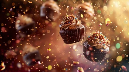 Chocolate cakes flying chaotically in the air, bright saturated background, spotty colors, professional food photo