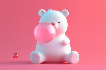 White Teddy Bear Sitting with Pink Balloon on Pink Background in Soft and Dreamy Setting