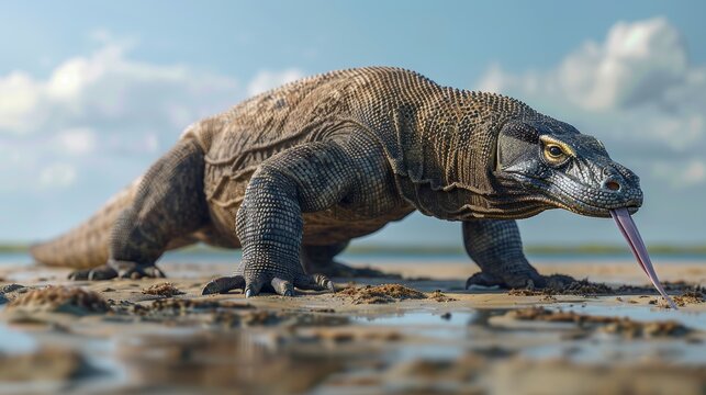A Komodo dragon walking on the beach