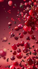 Cranberries flying chaotically in the air, bright saturated background, spotty colors, professional food photo