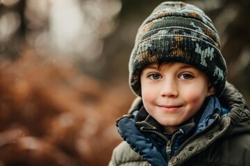 Portrait of a cute little boy in a warm hat and jacket outdoors