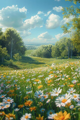 Obraz premium A vivid and serene depiction of a picturesque meadow during the spring season, showcasing vibrant greenery and blooming wildflowers under a clear, expansive sky.